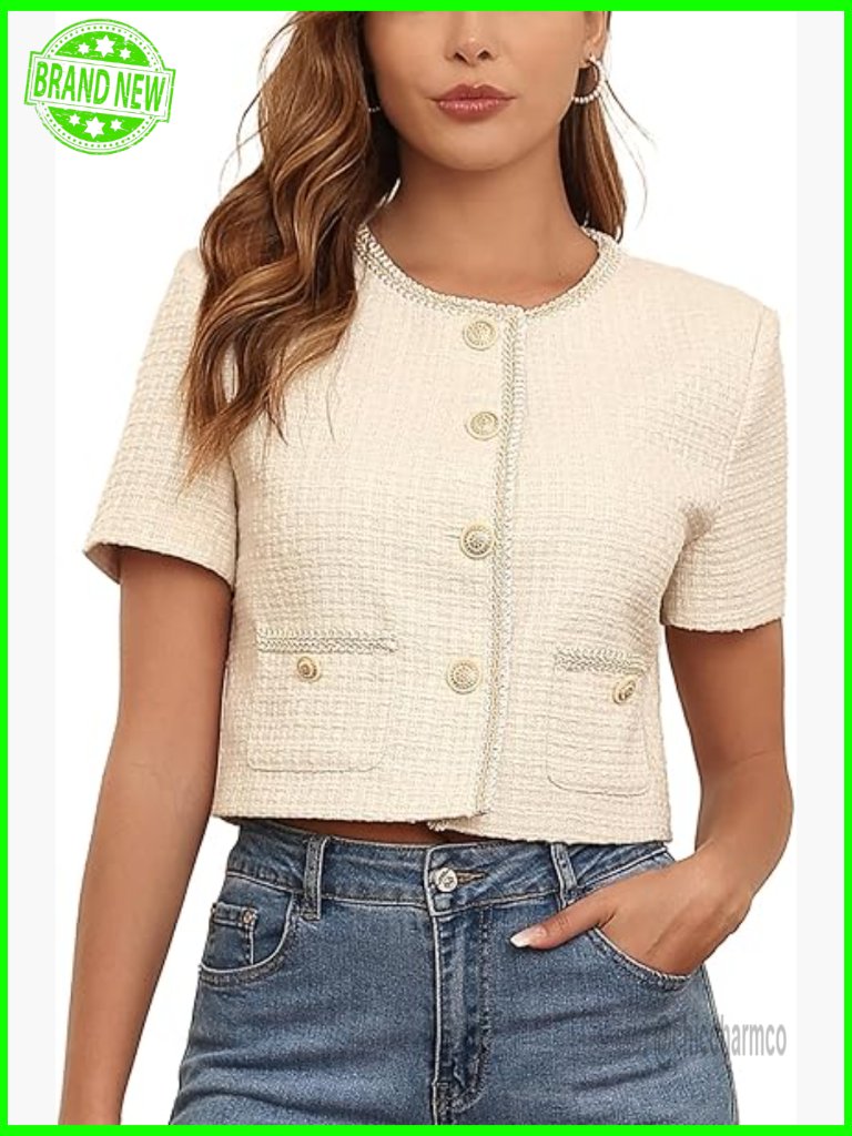 Women's Cropped Short Sleeve Tweed Blazer Round Neck Open Front Cardigan